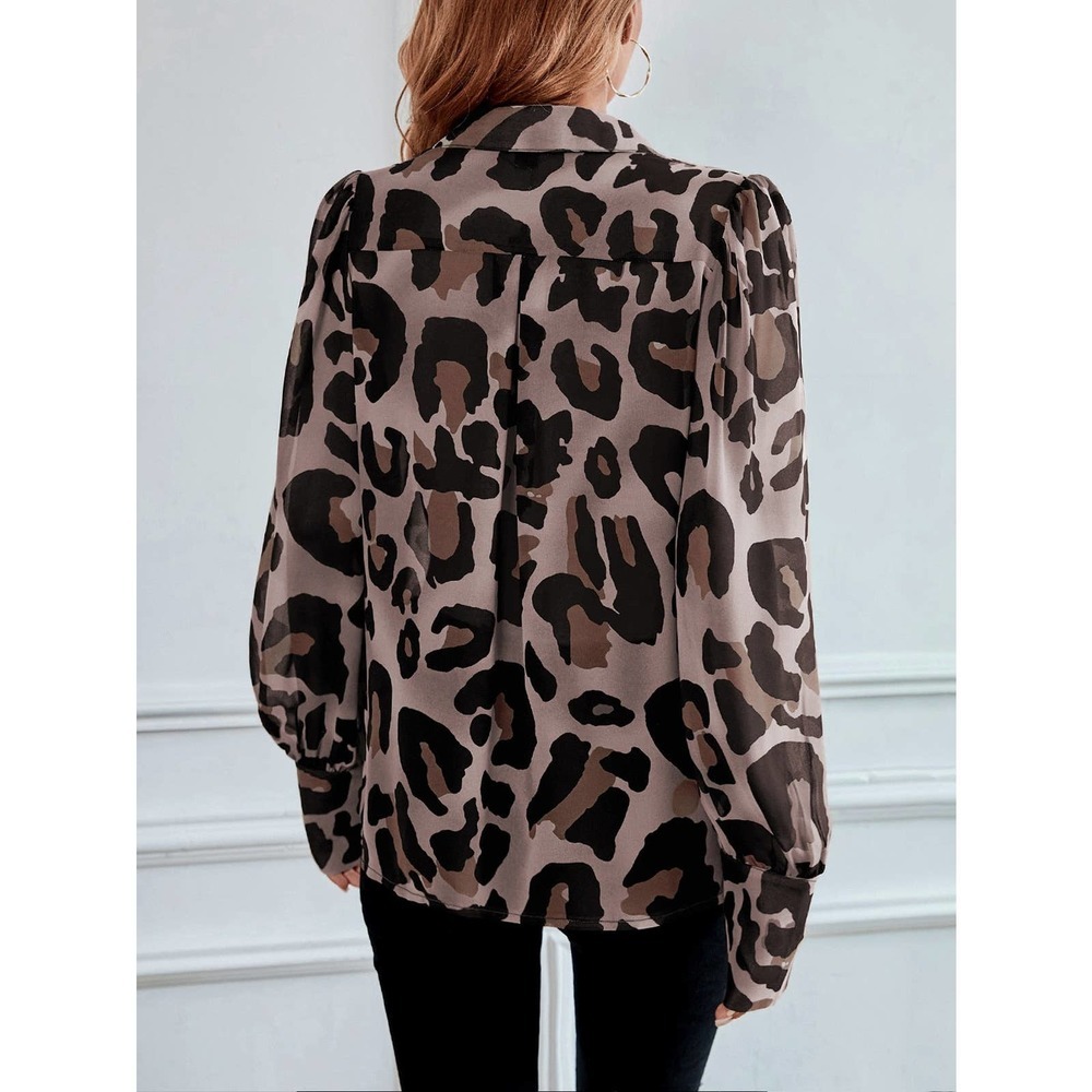 long sleeve Leopard Print Bishop Sleeve Chiffon Shirt tan - Picture 8 of 11